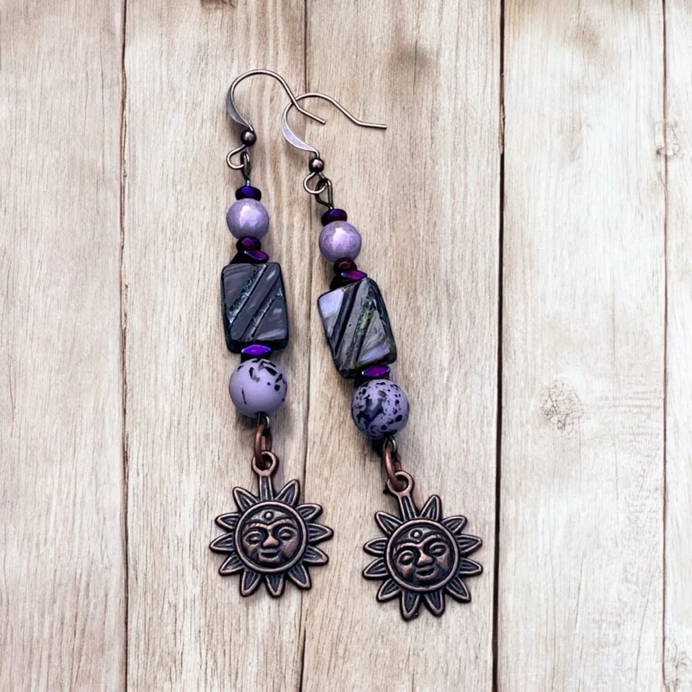 Handcrafted Sun Charm Dangle Earrings in Purple and Copper - Picture 4 of 13